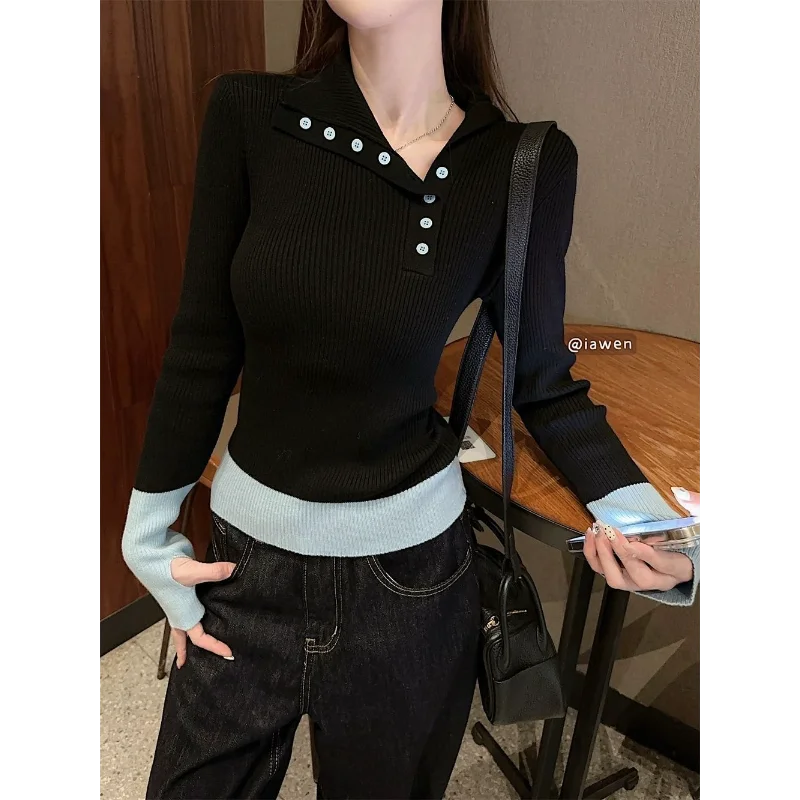 

Сладкий пряный контрастный вязаный женский топ с длинными рукавами и лацканами на пуговицах, облегающий шикарный топ