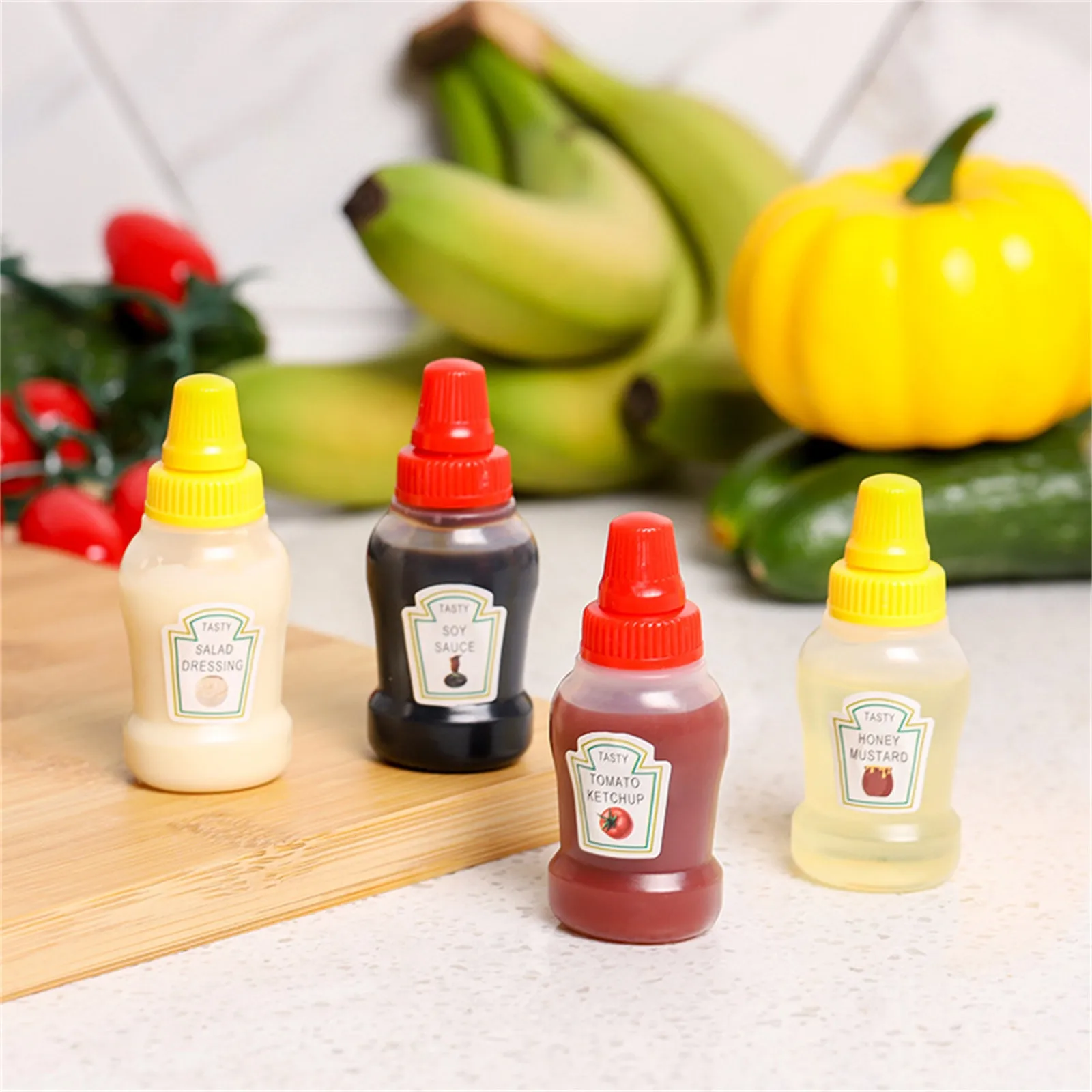 Mini bouteilles de condiments portables, conteneurs de stockage d'assaisonnement, pots pour barbecue, distributeurs de Dressing de bureau pour salade de miel, Ketchup, 4 pièces