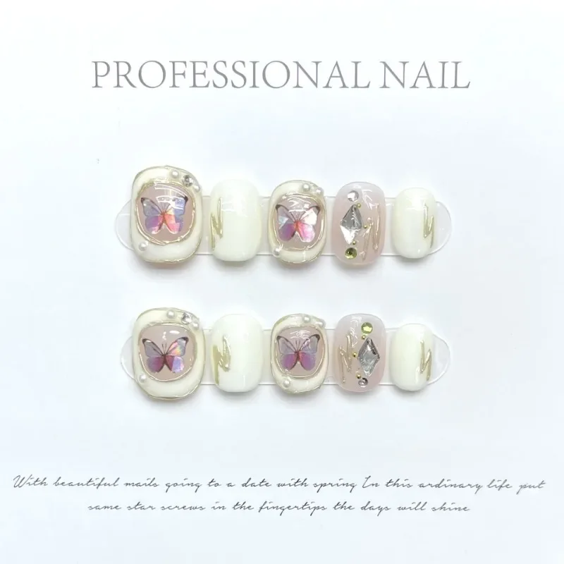 10pcs Handmade Ballet Artificial Nails with Glue Full Cover Detachable Press on Nail Tips Baroque Butterfly Short False Nails