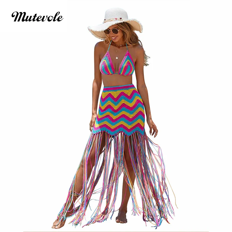 Mutevole Striped Wave Two Piece Cover Up Women Fringe Tassel Crochet Skirt and Bra Set Hollow Out Summer Beach Wear Outfits