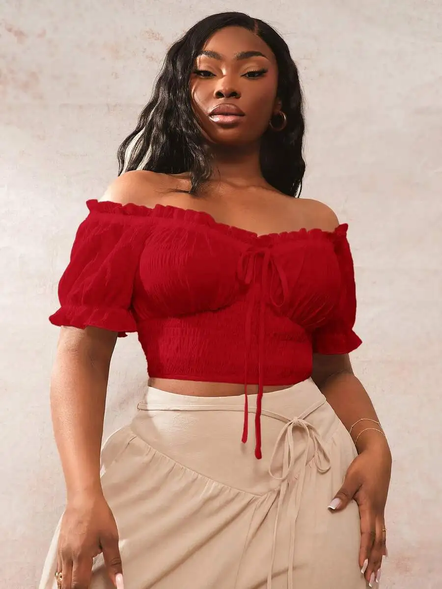 

Red Off Shoulder Ruffle Short Sleeve Crop Top Bohemian Style Summer