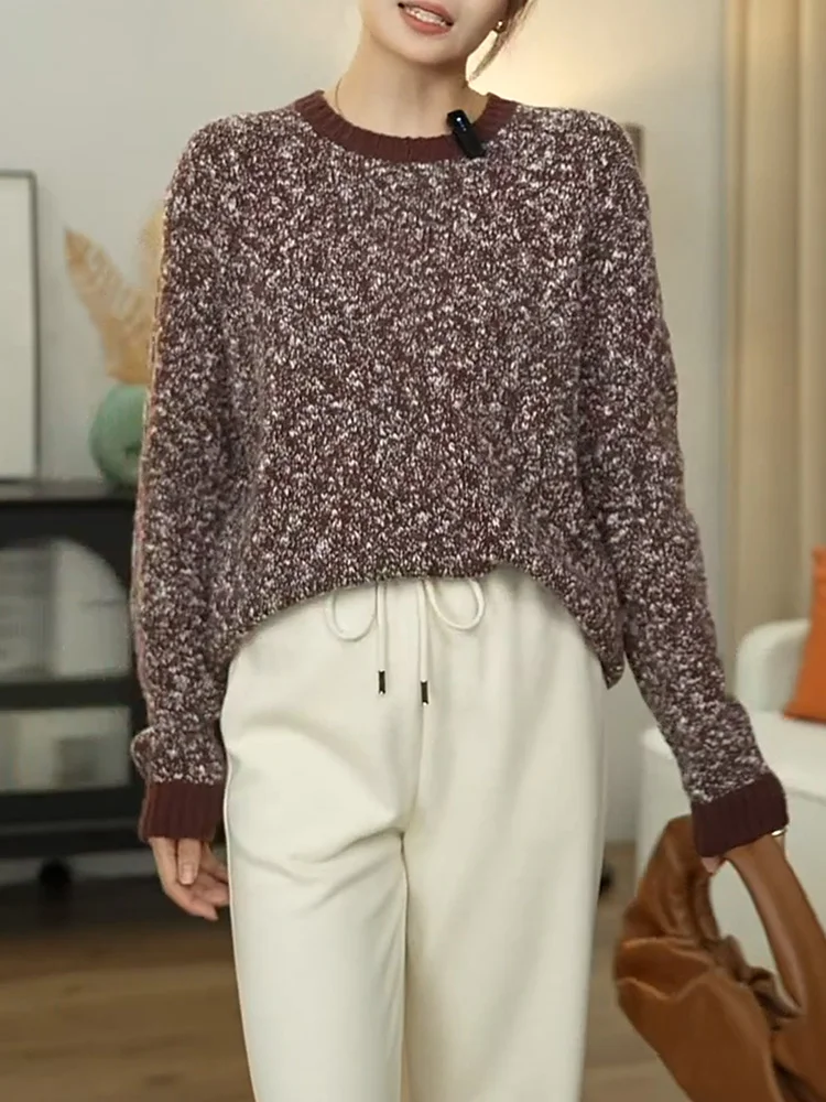 

Винтажный вязаный свитер-база для женщин, облегающий, омолаживающий, в корейском стиле, свободного кроя, с длинными рукавами, круглым вырезом