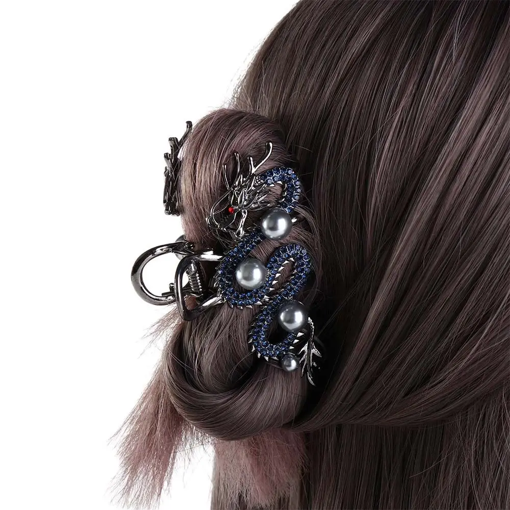 Cute Pearl Zodiac Dragon Hair Claw Hairpin New Year Headwear Animal Hair Clip Grab Clip Headdress Rhinestone Shark Clip Female