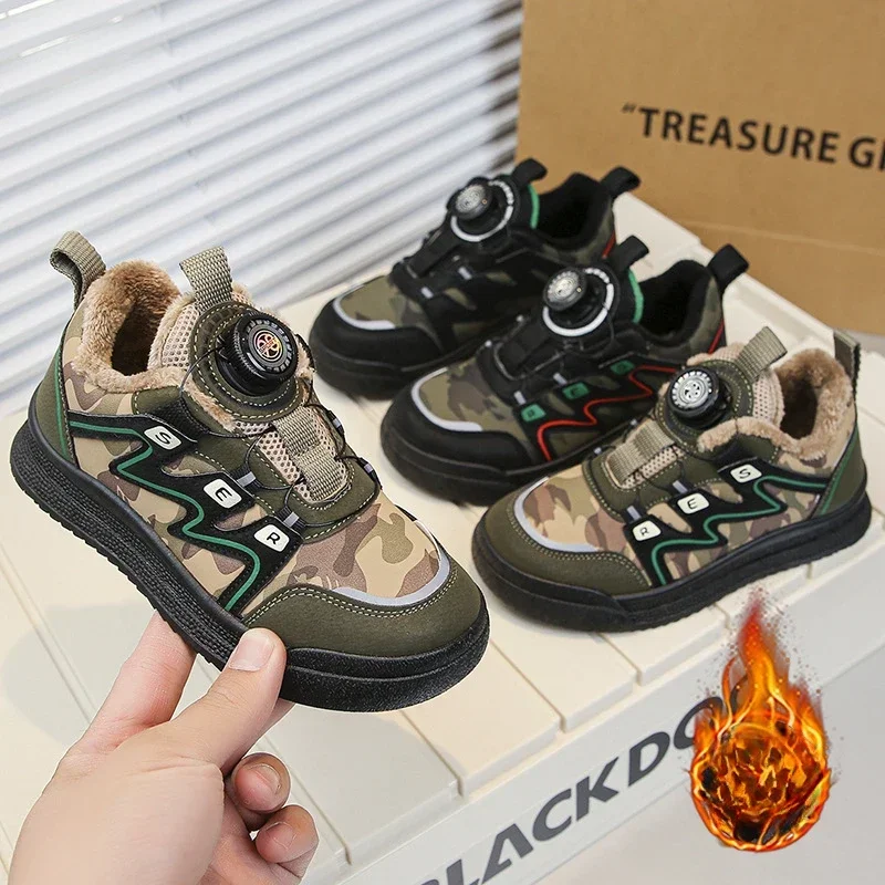 Rotary Buckle Casual Sneaker for Boy Kid Plush Winter Shoe for Girl Kid Camouflage Running Shoe Outdoor Hiking Shoe Zapatos Niña