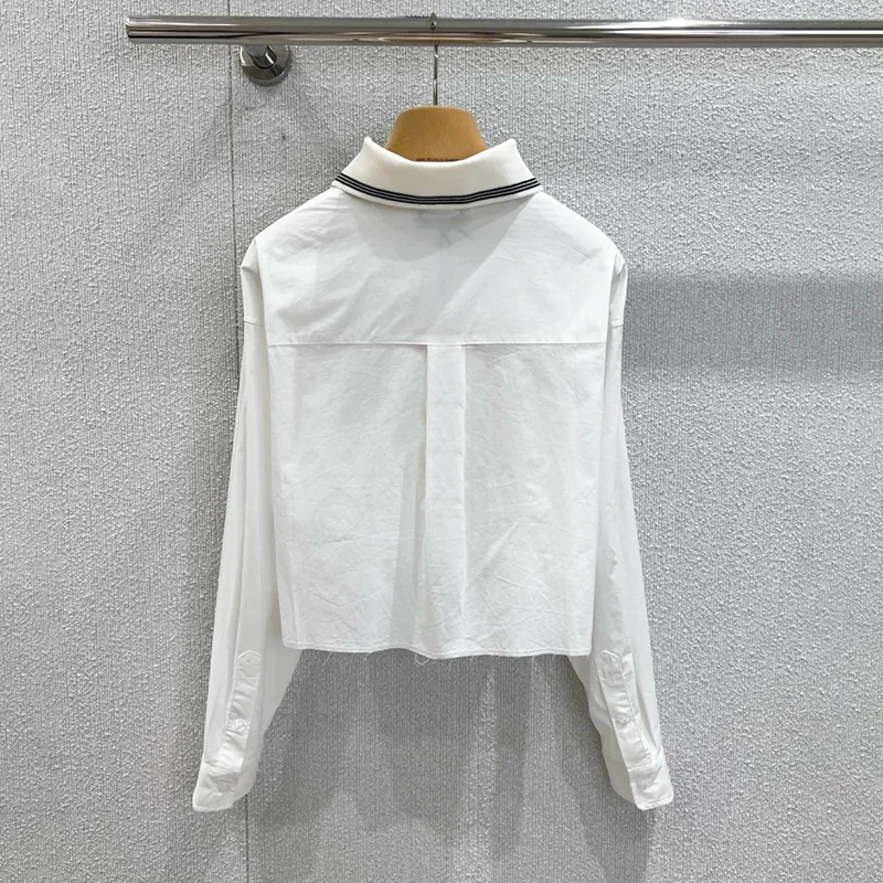 High-End Women's Long Sve White irt Cardigan Casual Versatile Top Moisture ng Ci Walk ort Length  Collar Bu...
