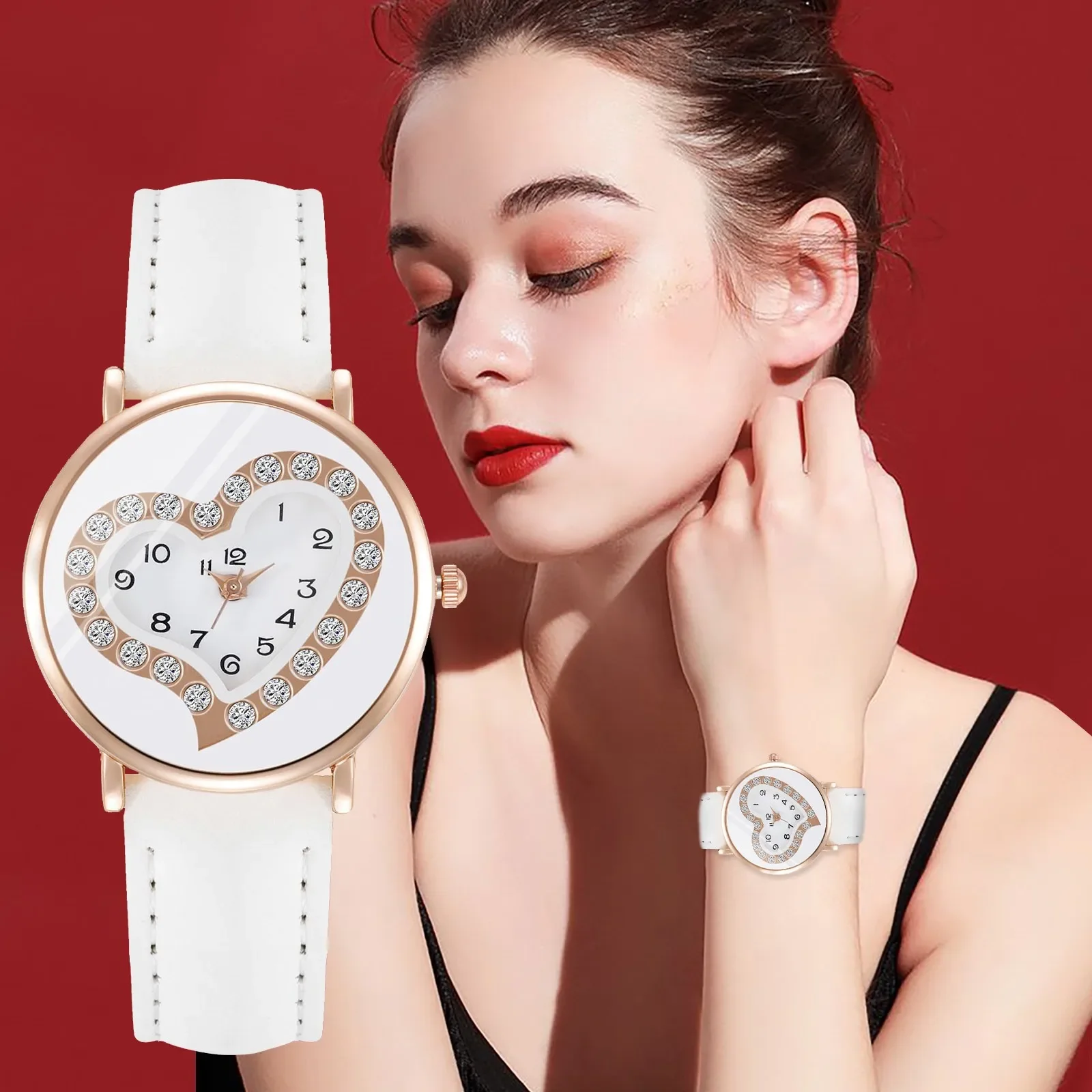 Fashion Heart Dial Women\'s Watch Rhinestone Casual Leather Ladies Wristwatch Quartz Female Clock 2024 Gift Relogio Feminino