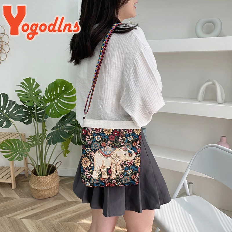 Yogodlns  Embroidered Elephant Handheld Bag Women New Retro Large Capacity Crossbody Bag Nylon Knitted Casual Portable Handbag