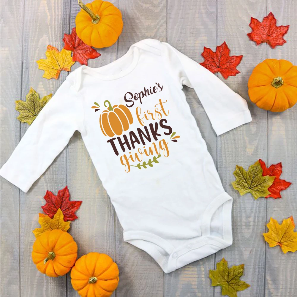 Personalized Baby Bodysuit First Thanksgiving with Name Romper Toddler Long Sleeve Outfits Infant Fall Infant Holiday Clothes