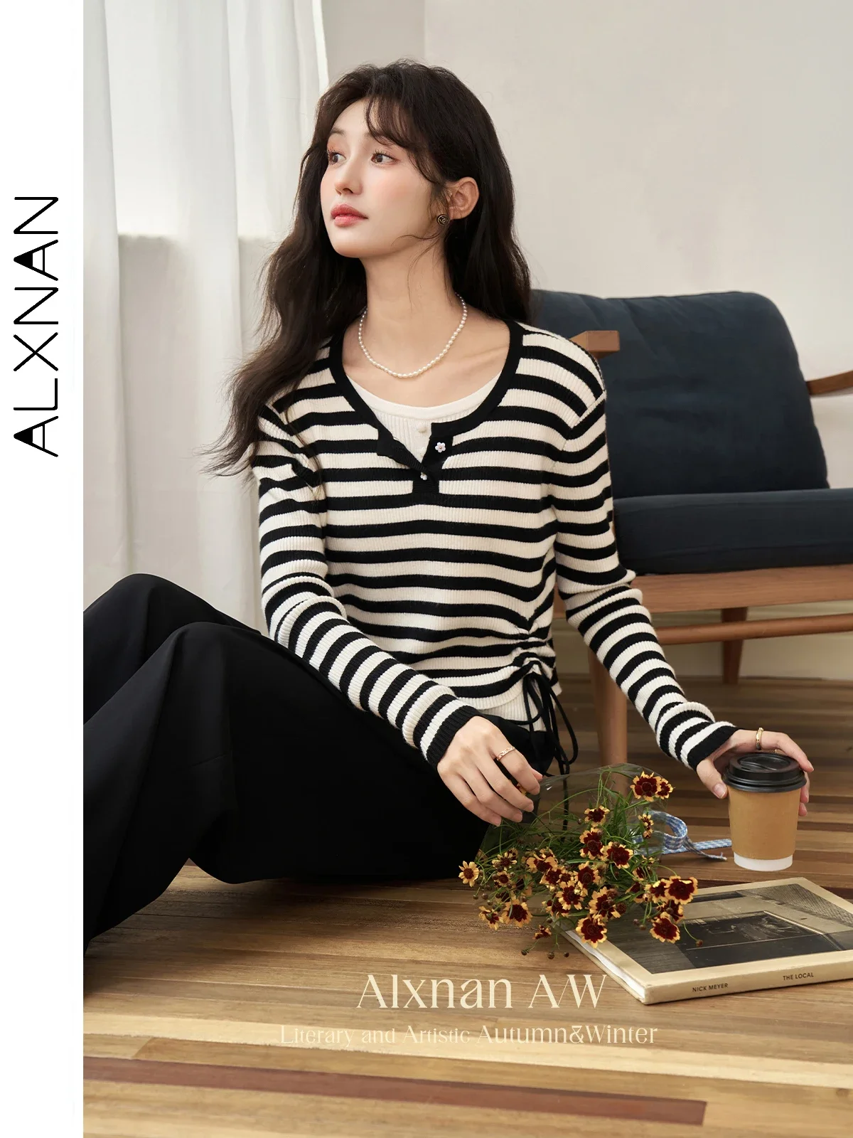 

ALXNAN Women's 2 in 1 Stripe Knitted Sweater 2024 Autumn Fashion Round Collar Lace-up Long Sleeve Female Slimming Jumper L39333