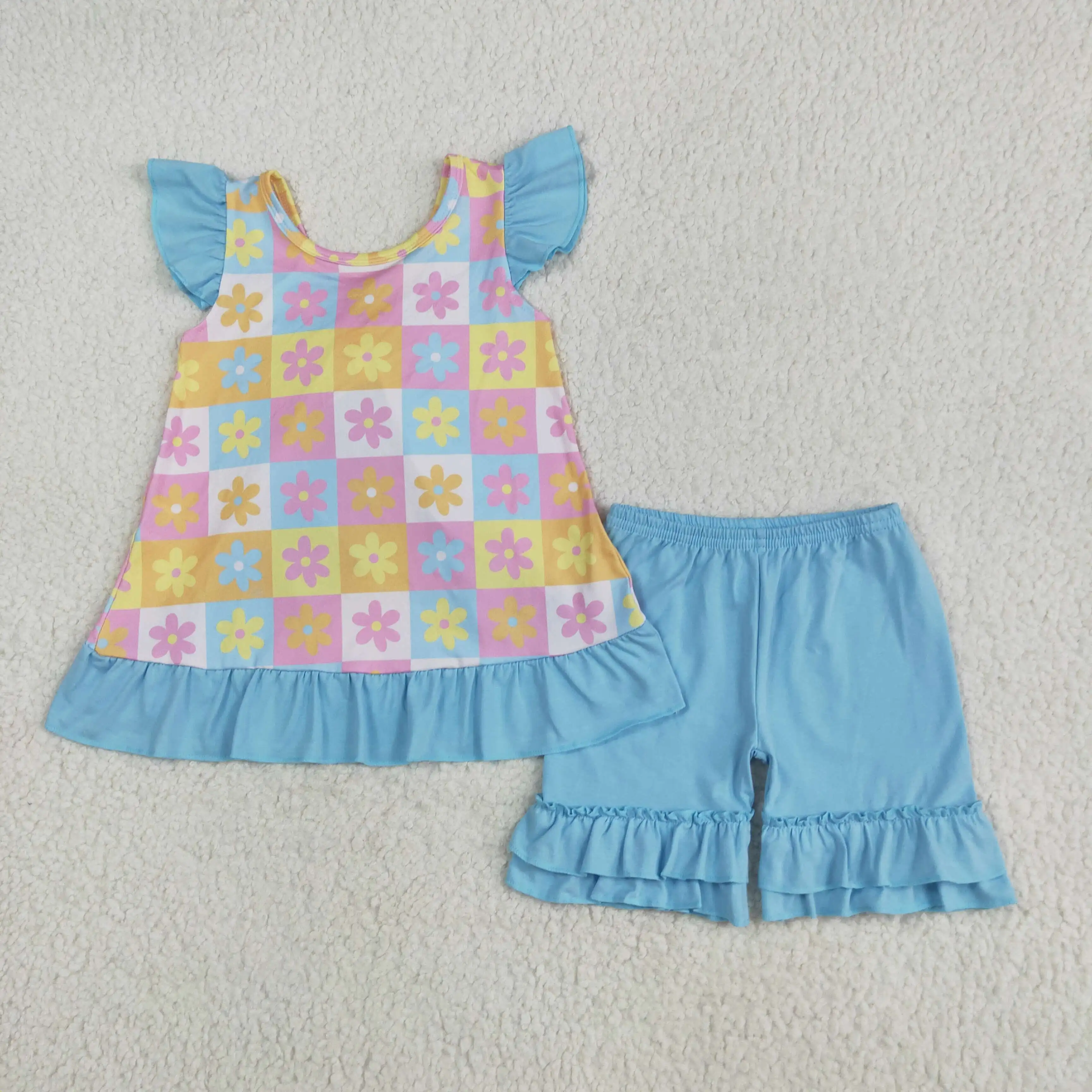 

Western Clothes Flowers Plaid Print Short Sleeve Baby Girl Clothing Summer Girls High Quality Sets