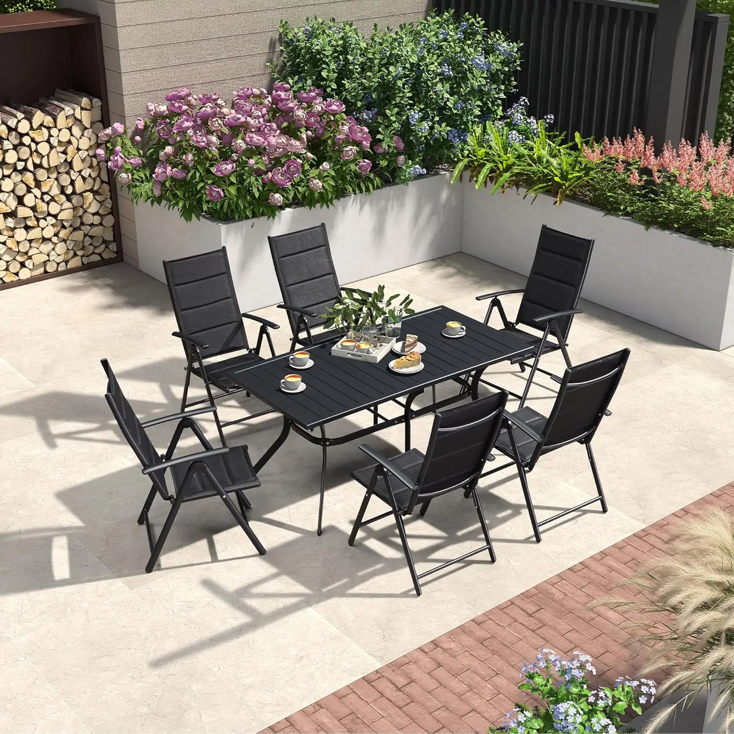 

PURPLE LEAF Outdoor Dining Set for 6 with All-Aluminum Height Adjustable Slat Table and Padded Folding Chairs Modern Patio