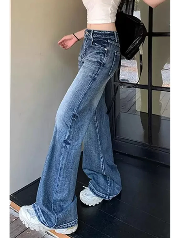

Y2K Vintage Low Waist Flared Jeans Washed Cat Whiskers Loose Fit Slimming Wide Leg Long Pants Autumn for Women