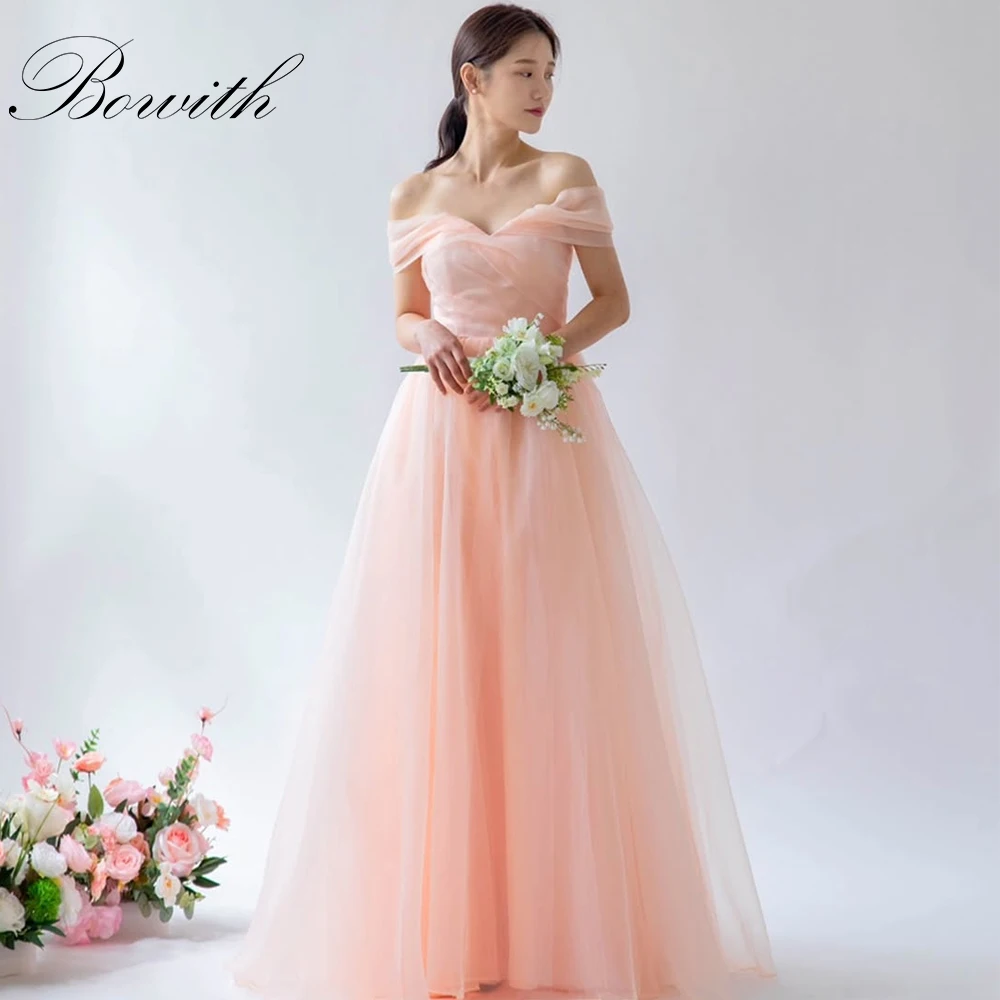 

Bowith Korean Evening Dresses Off the Shoulder A-Line Girls Prom Dresses Customized Party Dresses Pink Wedding Snap Dresses