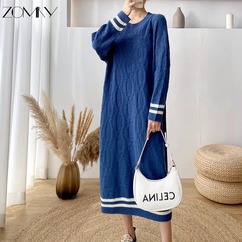 ZOMRY Autumn Winter Women\'s Midi Sweater Knitting Dress Korean Regulai Fit Embroidery Print Striped Long Sleeve Causal Clothing