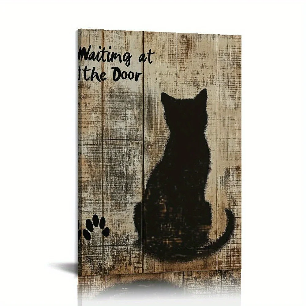 1PC Framed Wooden Canvas Painting - Cat Waiting At The Door Poster Print Wall Decorations Suitable for Home Office Decoration