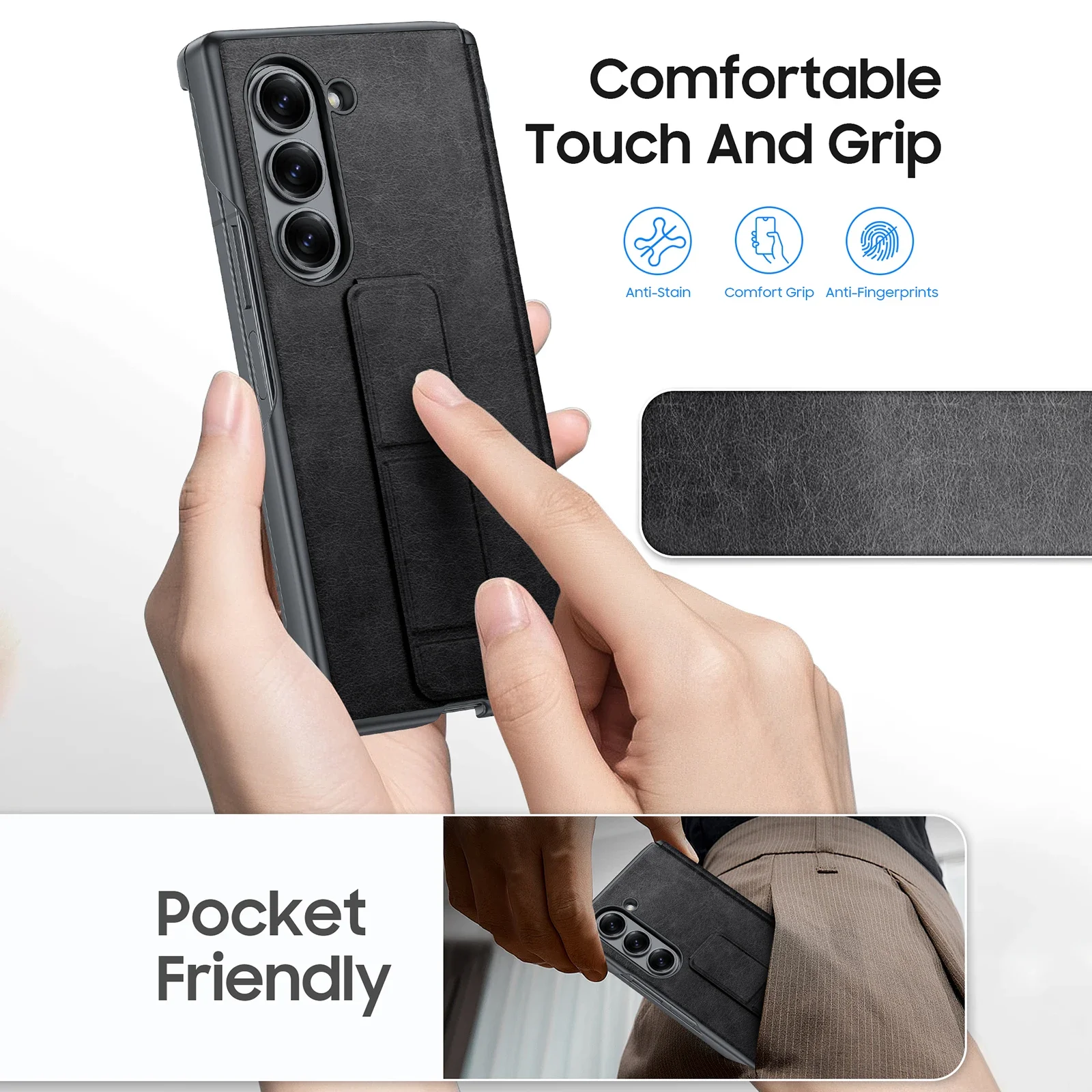 With[2 Pack Screen Protector][Hold Strap][Hinge Cover]Shockproof Leather Protective Phone Case for Galaxy Z Fold 6/7-Retro Black