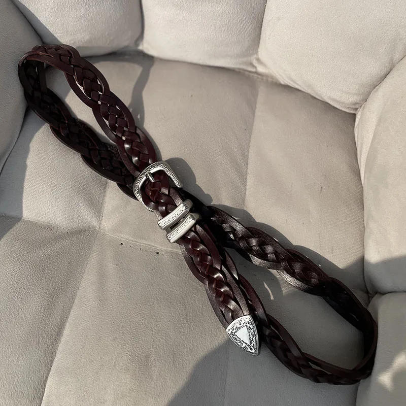 Handmade Braided Top Layer Leather Belt for Unisex 3cm Narrow Western Cowboy Pin Buckle Belt  Genuine Leather Jeans Waist Belt