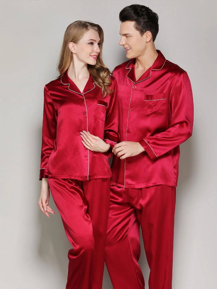 Pajamas Collar Suit Adult Style Solid Color Light Soft Spring and Autumn Red Silk Wedding Pajamas Couple Wear High-End Gift 1Pc