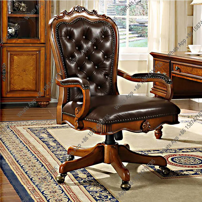 

Американское кожаное кресло руководителя в ретро-стиле, с резьбой, из массива дерева, поворотное, европейское компьютерное кресло, для дома и офиса, с регулировкой высоты, для прямых трансляций