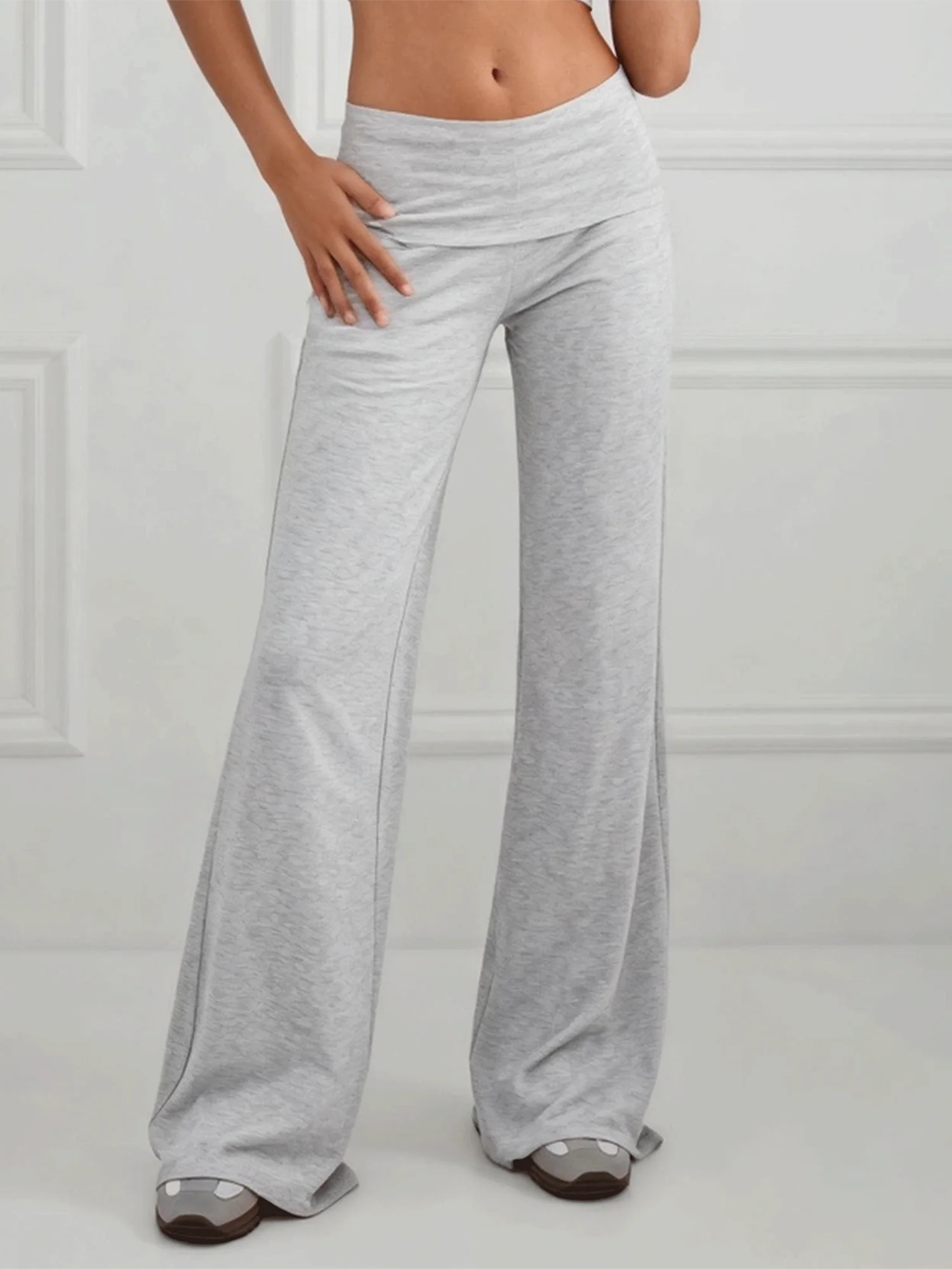 Women’s Wide Leg Yoga Pants Angel Wing Heart Embroidery Foldover Waist Lounge Trousers