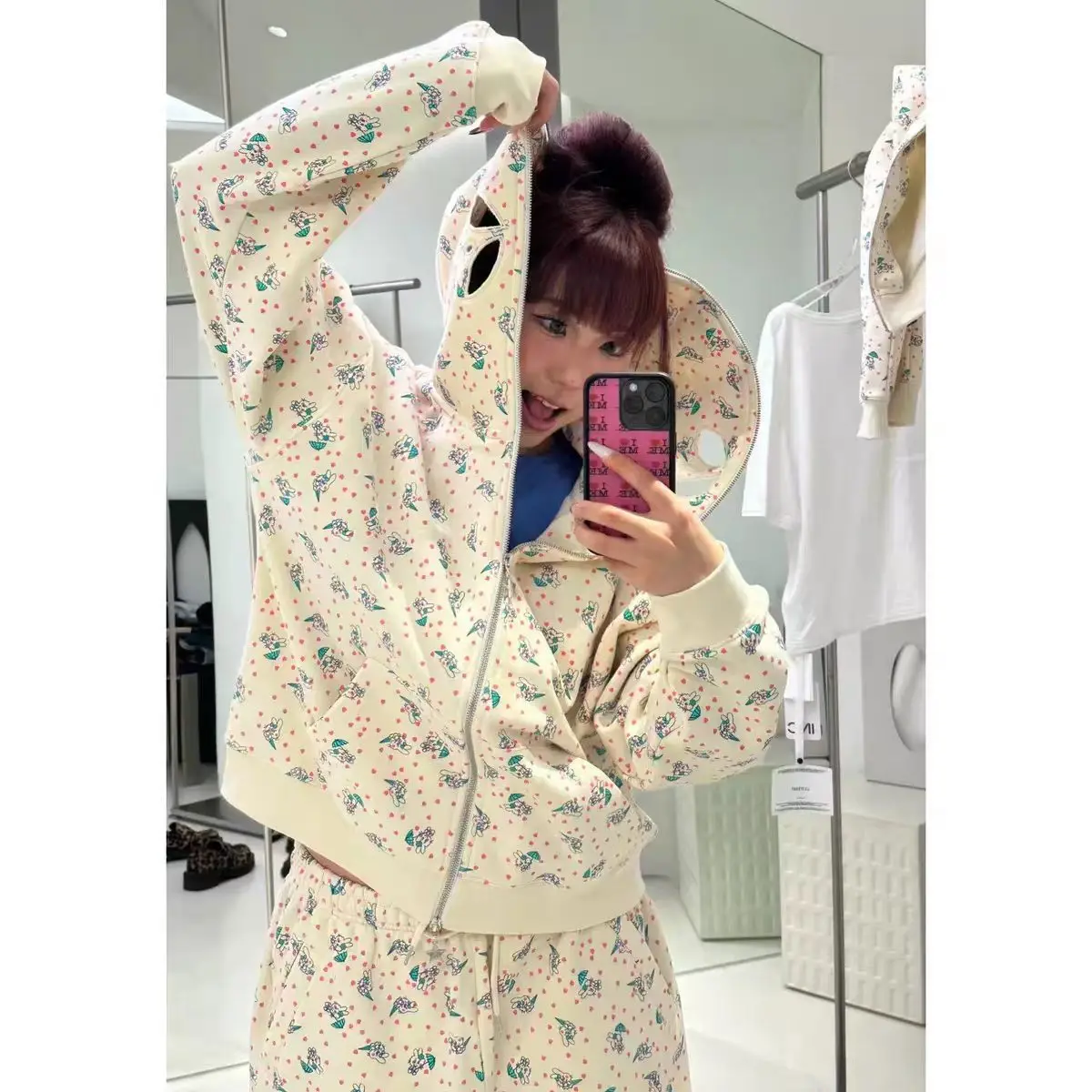 

Spring 2026 New Style Rabbit Letter Print Mask Hoodie Jacket Women's Casual Sportswear Long Sleeve Universal Fit