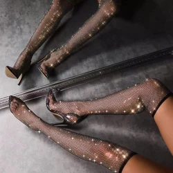 Liyke Fashion Rhinestone Fishnet Mesh Women Pumps High Heels Socks Over-The-Knee Boots Sexy Pointed Toe Slip-On Party Shoe Black