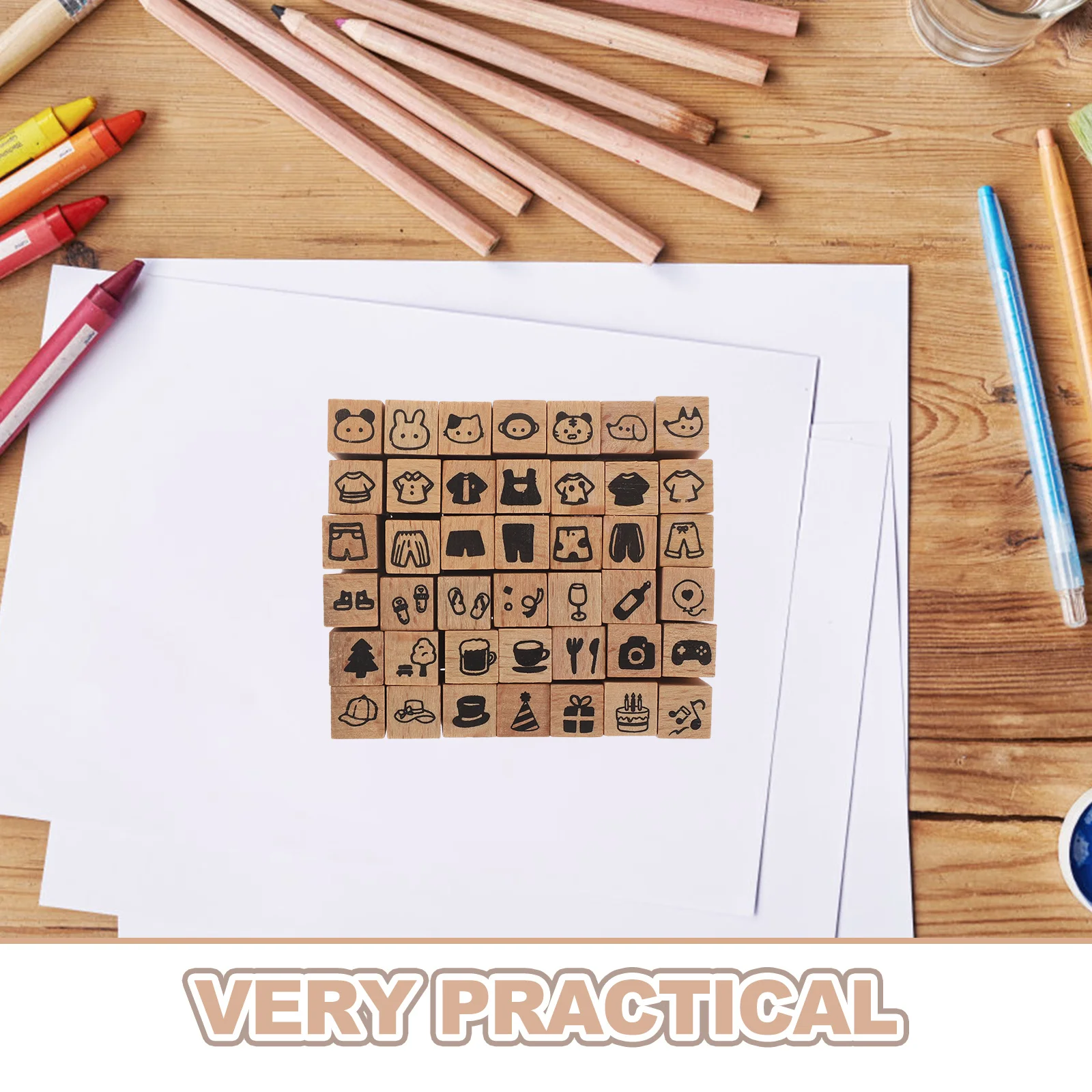 42Pcs Animal Party Stamp Set Mini Wood Rubber Stamps for Kids Crafting Scrapbooking Card Making DIY Stationery Journaling