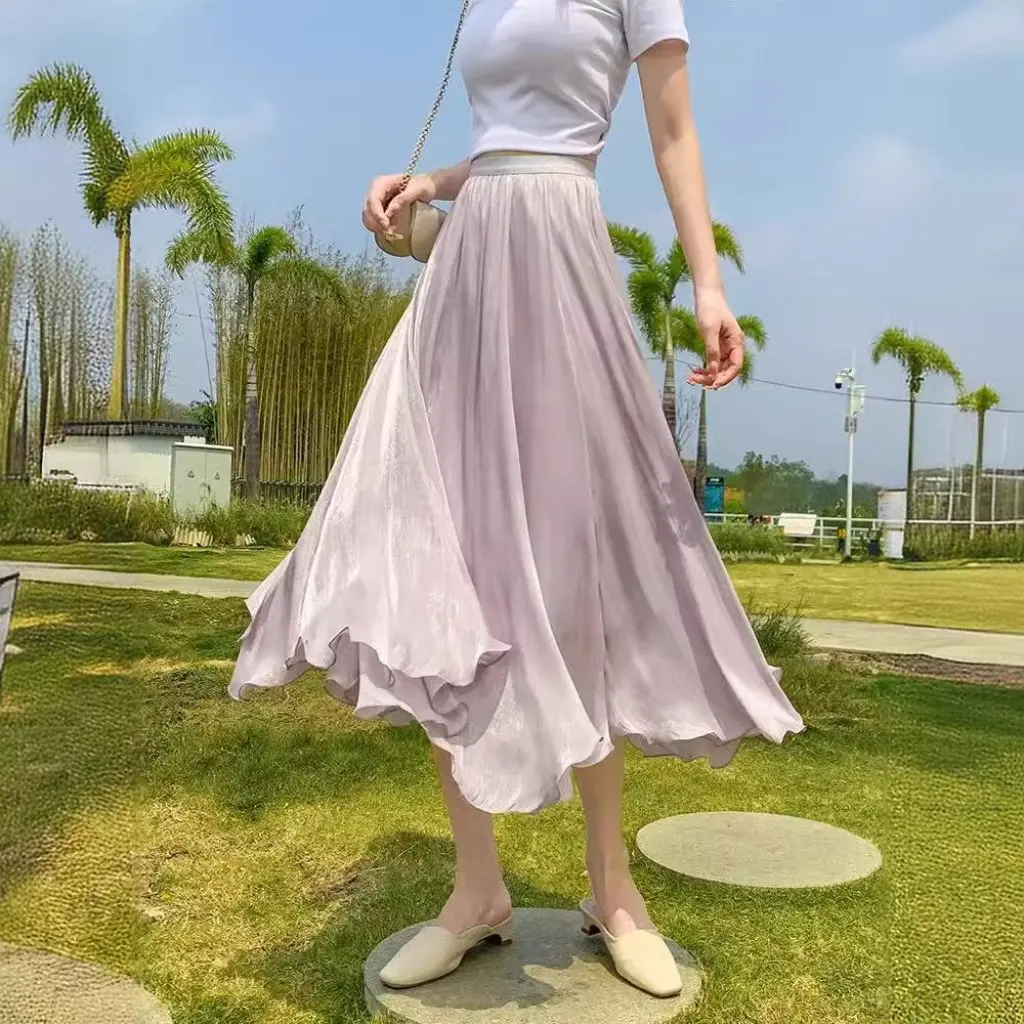 

Women's High-Waisted Pearlescent Gauze Skirt Half-Body A-Line Slimming Irregular Hem Elegant Summer Fashion