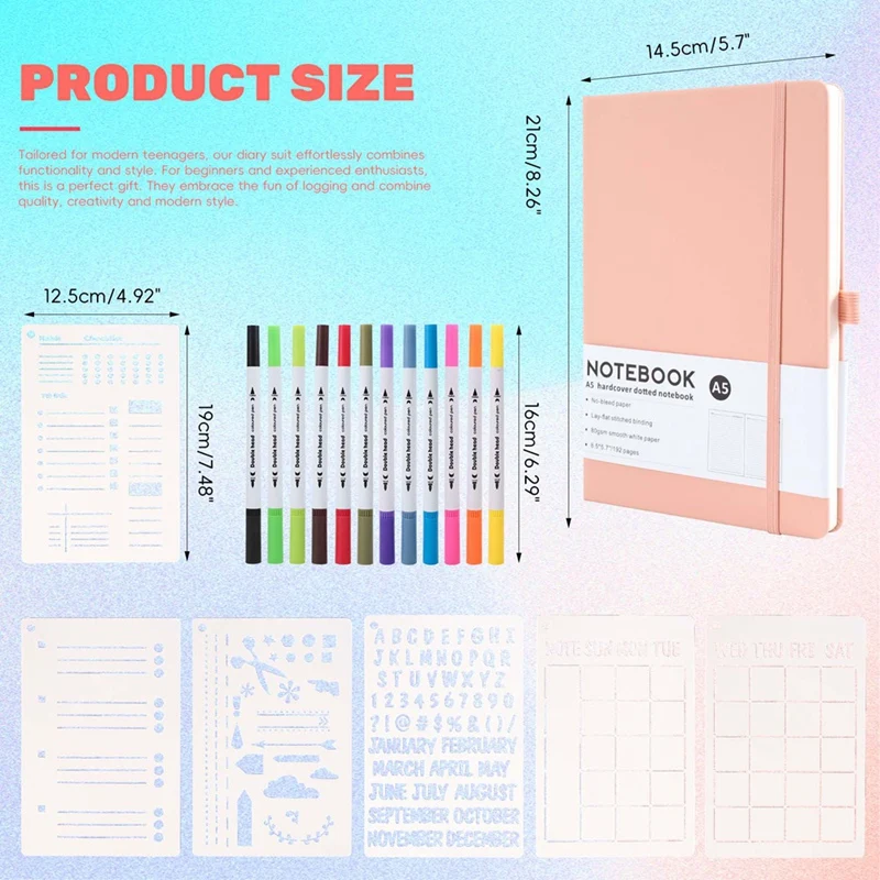 Dotted Journal Kit,A5 Hardcover Dotted Journal Notebook Numbered Pages,Dotted Journaling Kit For Beginner