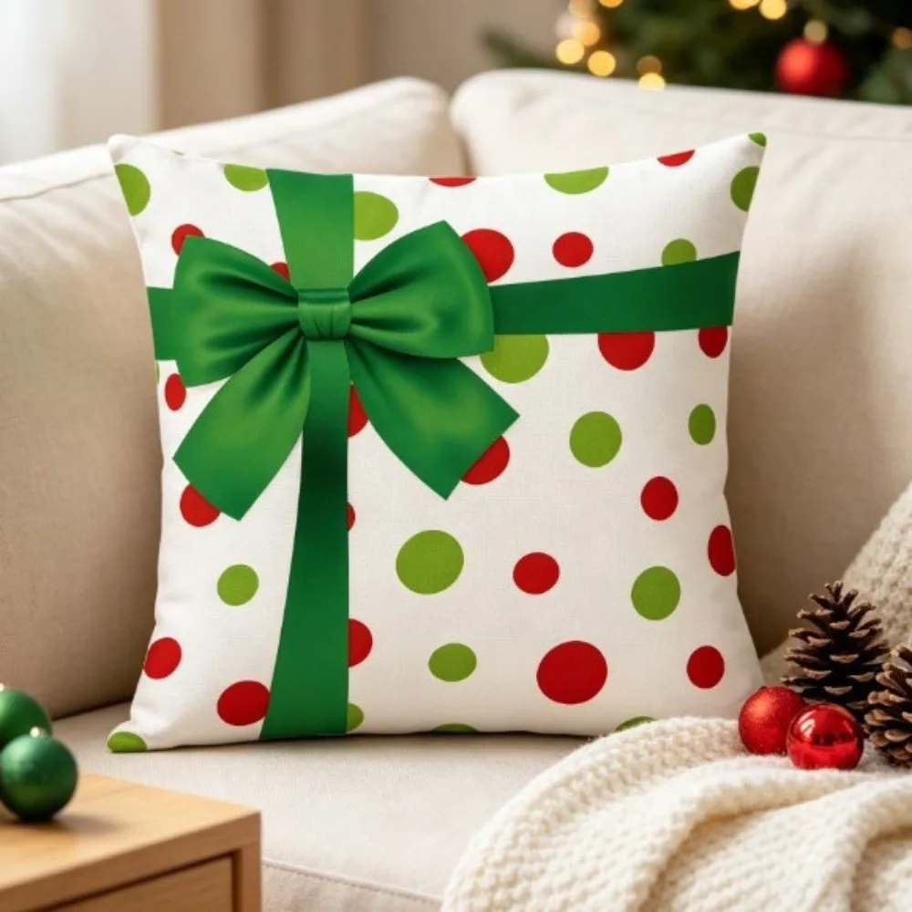 Square Decorative Pillow Cover Silky Short Polyester Imitation Cotton Christmas Bow Cushion Case Stripe Polka Dot
