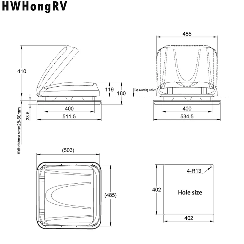 Hwhongrv Aerodynamic Shape Adjustable Caravan Top Roof Window Windshield Skylight For RV Parts Campervan Accessoires