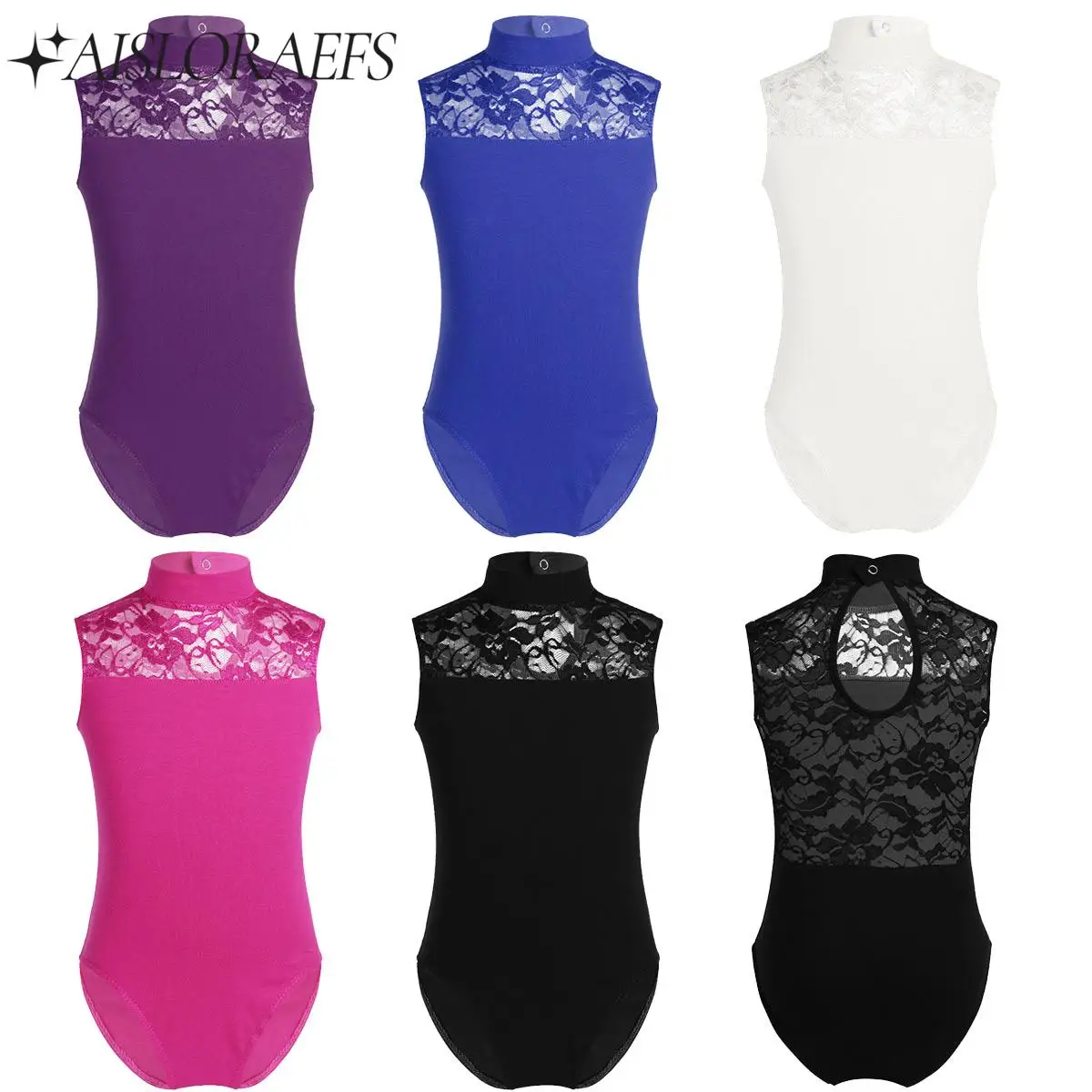 

Kids Girls Sleeveless Turtle Neck Lace Back Ballet Dance Gymnastics Leotard Jumpsuit Skating Dance Performance Costume Dancewear