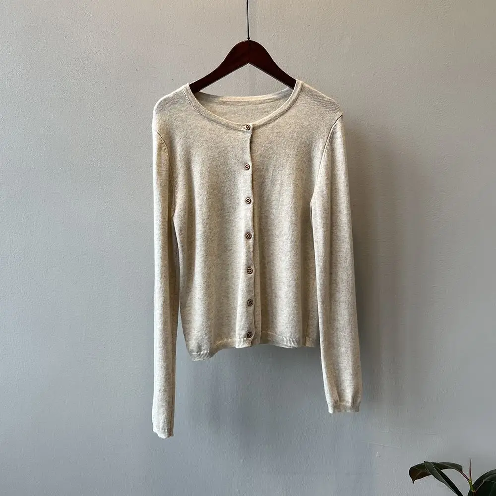 Spring and Autumn New Retro Elegant Striped Knitted Cardigan Top Women's Versatile Crew Neck Long Sleeve Single-breasted Sweater