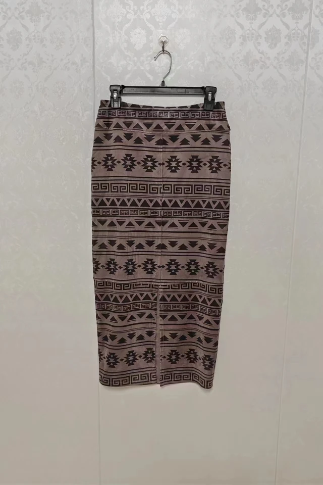 

Retro Print High Waist Elastic f-length Skirt with Slit National Sle Deer Skin Velvet Wrap around Skirt Long H-Line Skirt