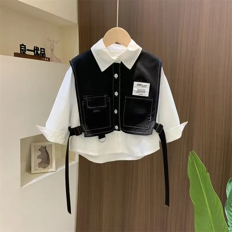 

Boys' Spring and Autumn Shirt 2025 New Style Boys' Baby Fake Two piece workwear Shirt Children's Fashion Long sleeved Top