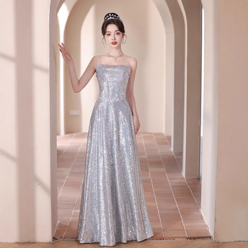 Novo Vestido de Festa Feminino Sexy com Lantejoulas Sem Alças Estilo Banquete 2026 Vestido Longo Elegante e Afinador