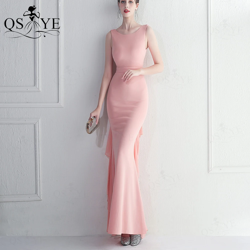 

Pink Long Prom Dresses Stretch Satin Ruffles Evening Dropped Beadings Open Low Back Bridesmaid Scoop Neck Sleeveless Party Gown