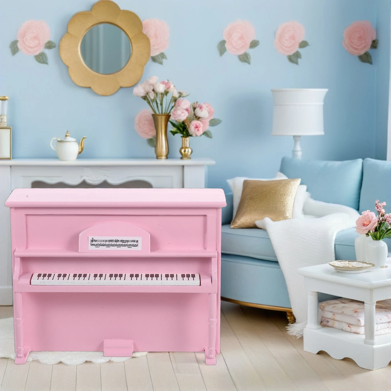 Mini Piano decorativo para casa de muñecas, teclado de jardín de hadas vertical, juguete para música, muebles de madera con taburete