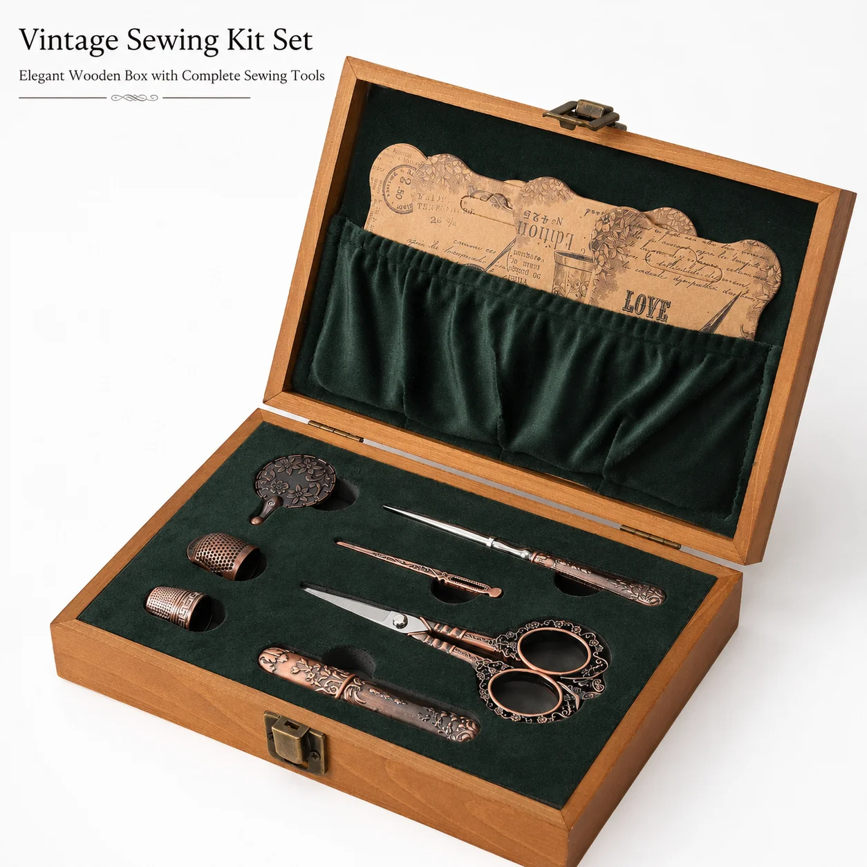 Vintage Solid Wood Sewing Kit, Premium Multifunctional Sewing Tool Storage Box with Classic Mending Accessories, Gift Set