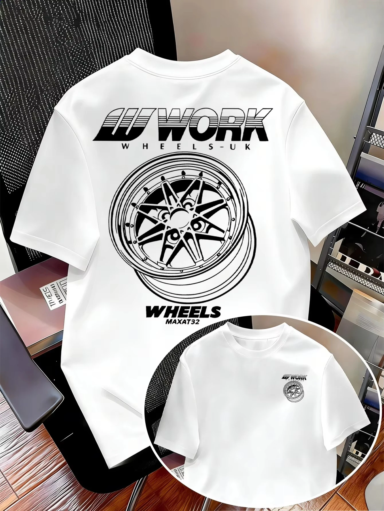 Men's T-shirt with Work Wheel Pattern Print Short Sleeve T-shirt Casual JDM Automobile Culture Shirt Summer Style Men Clothing