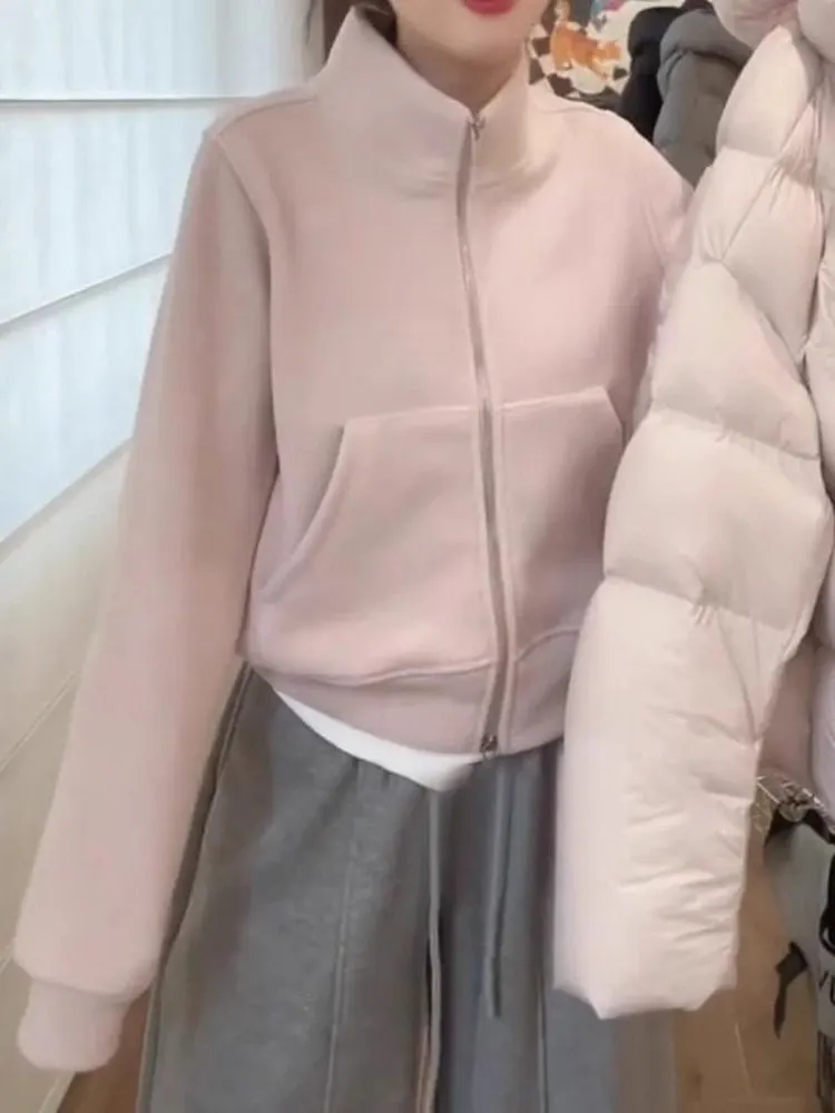 

High-End Zipper Sweatirt Women's Large Size Korean Design Artistic Commute Faion Outerwear Spring Season Long Sve