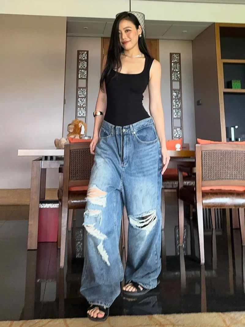 

European and American High Street Design Jeans for Women Summer Wasteland Style Distressed Washed Floor Pants Female Clothing