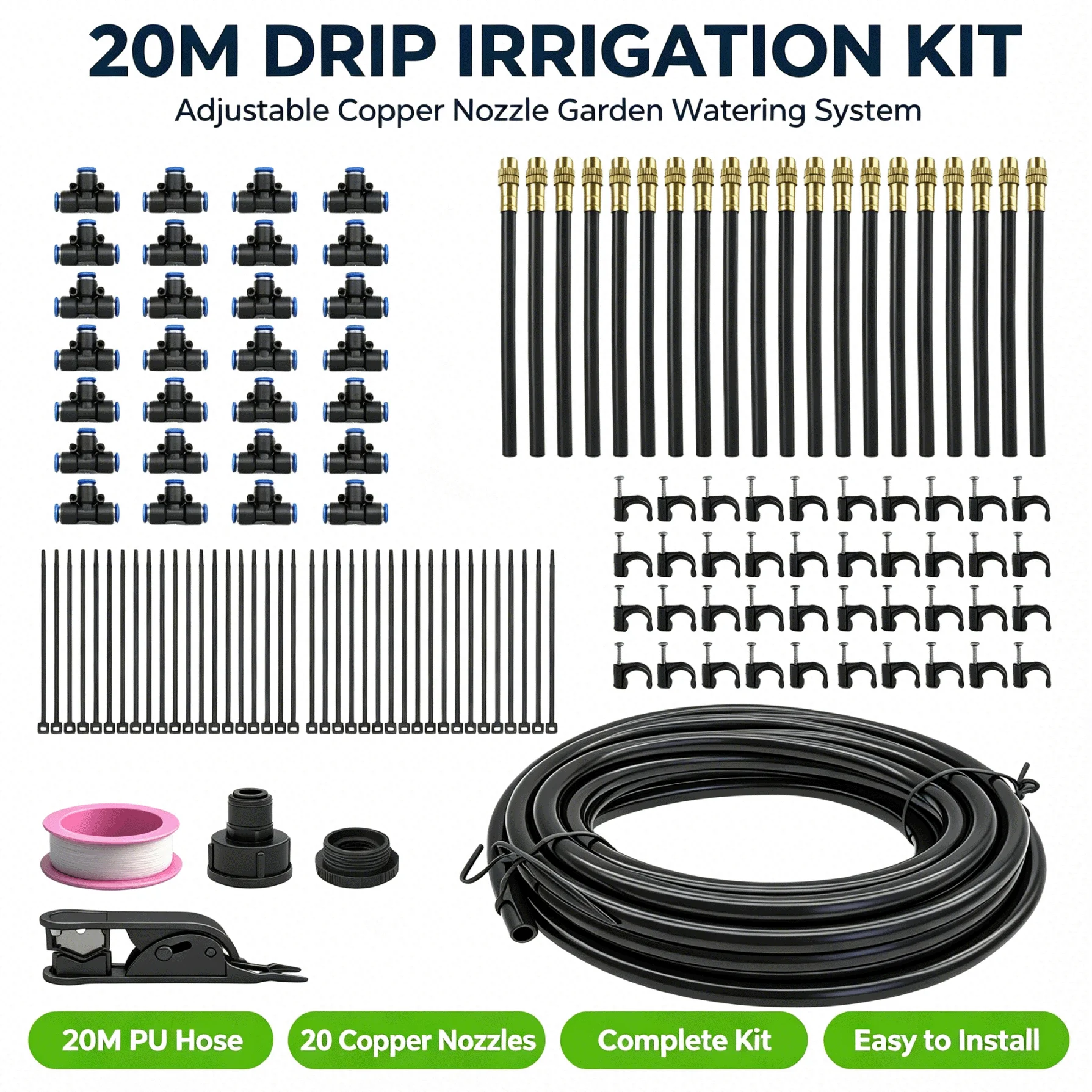 20M DIY Tropfbewässerungssystem-Set, 360° °   Verstellbare Kupfer-Sprühdüsen Gartenbewässerungsset mit Rohrschneider, Clips, Kabelbindern, Adaptern für Gemüsegarten, Topfpflanzen, Gewächshaus