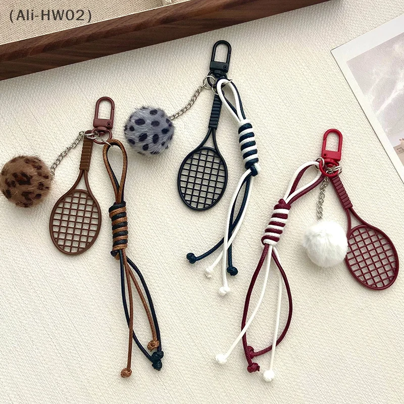 New Creative Alloy Tennis Racket Small Fluffy Ball Braided Rope Lanyard Keychain Tennis Backpack Charms