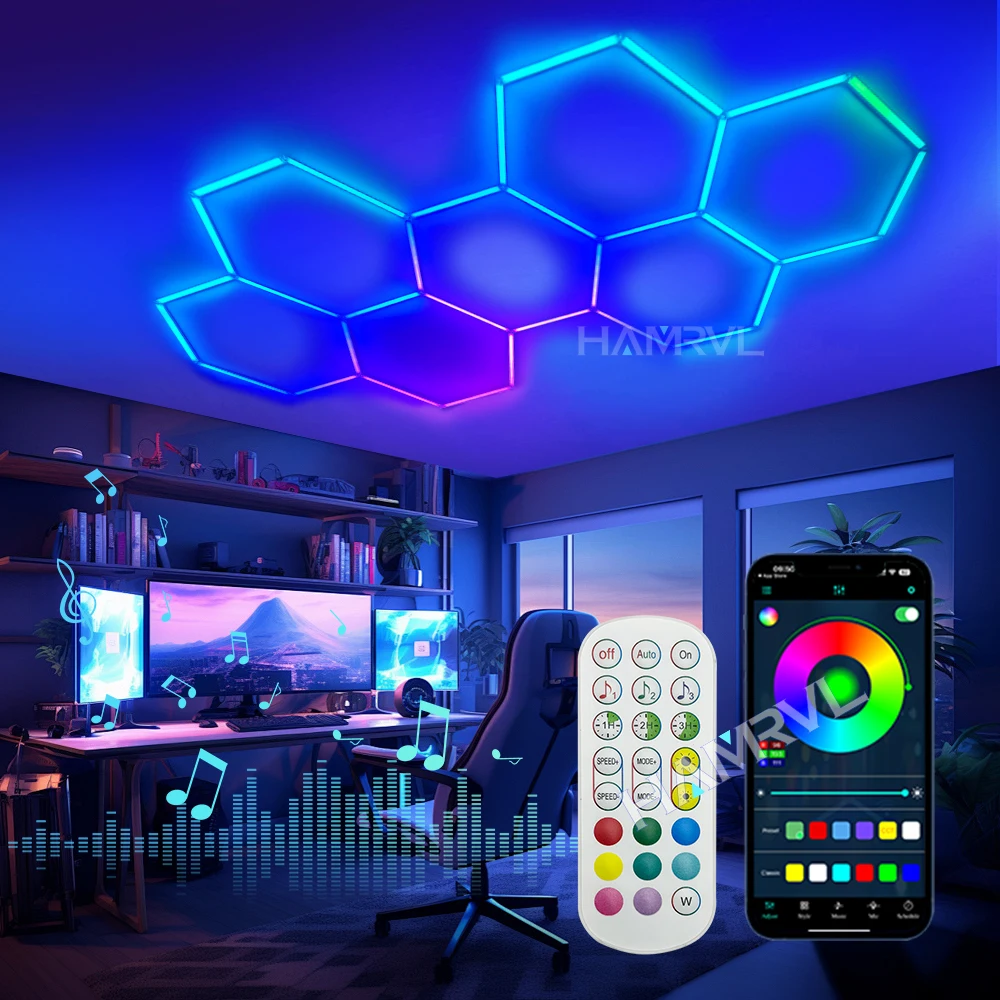 RGB Hexagon Garage Light Dimmable LED Color Change party Car WorkShop Gym Game Room Ceiling Panel Music Mode Festival Decor Lamp