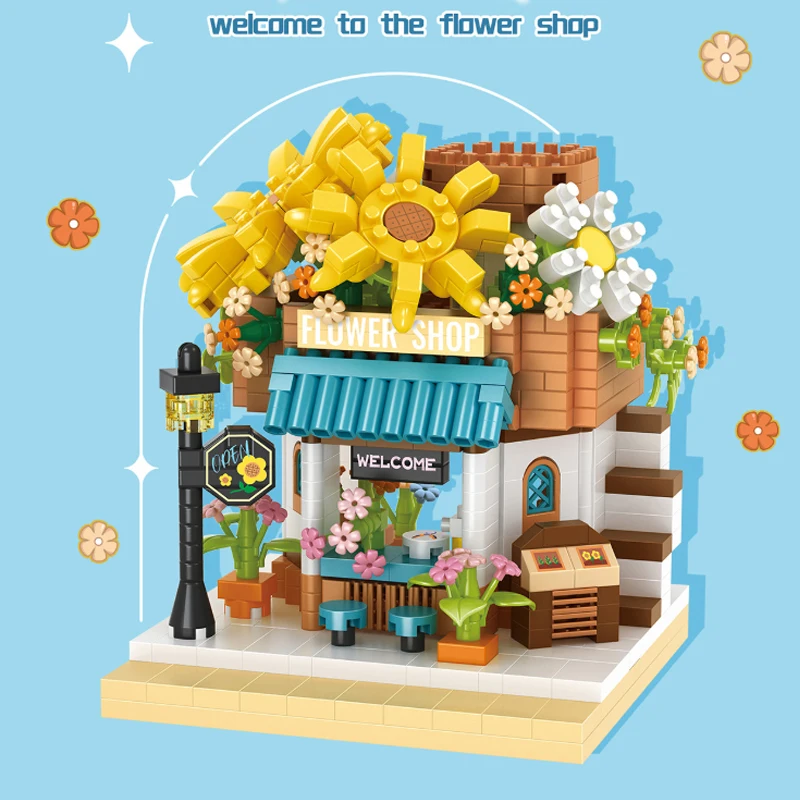 متجر الزهور متجر بنة مجموعة عرض الشارع منزل اللبنات أطقم منمذجة الفتيات الطوب اللعب ديكور المنزل هدية عيد ميلاد