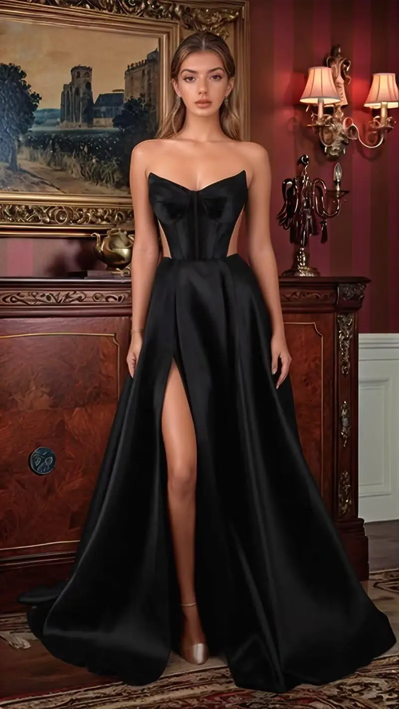 Vestido de fiesta de satén para mujer, vestido de fiesta sin tirantes, cintura abierta, cuello en V, vestido de noche formal
