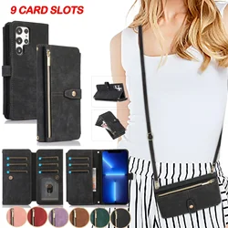 Crossbody Wallet Phone Case for Samsung Galaxy S23 FE S22 Plus S25 S26 Ultra A16 A14 A34 A54 A33 Card Holder Lanyard Leather
