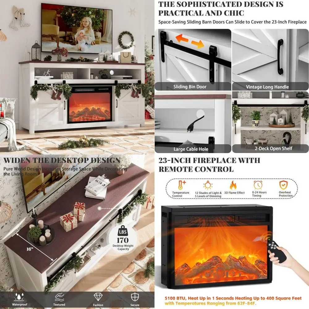 

70 TV Electric Fireplace Entertainment Center with 23 Color Options, Modern White TV Stand