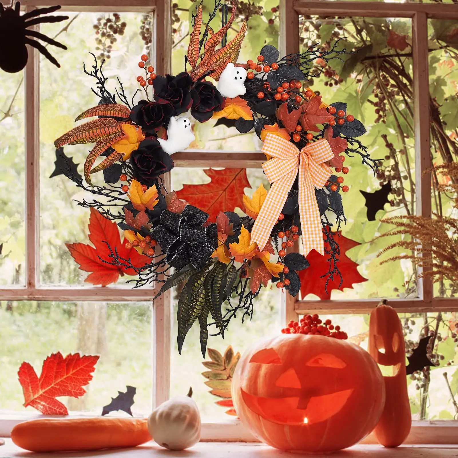 26 Inch Halloween Ghost Wreath For Front Door With Black Roses, Maple Leaves, Orange Bow, Spooky Indoor Outdoor Porch Wall Decor - view 7